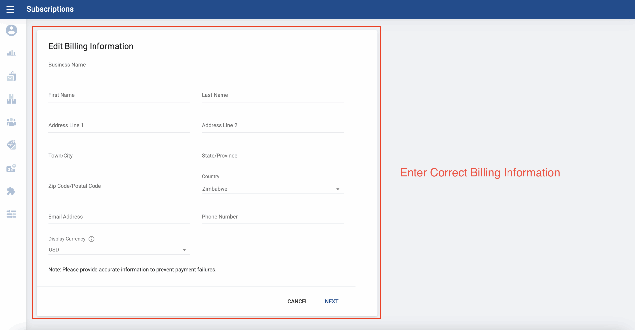 Enter Billing information